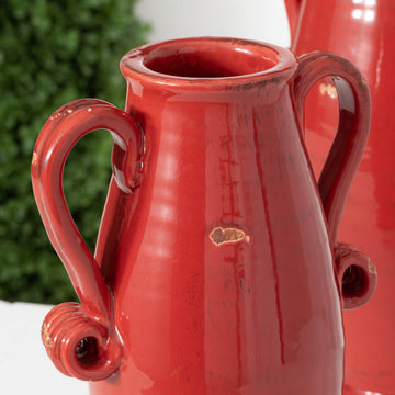 Glossy Red Ceramic Double-Handled Urn Set