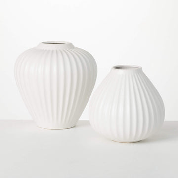 White Ceramic Ribbed Fluted Vase Set