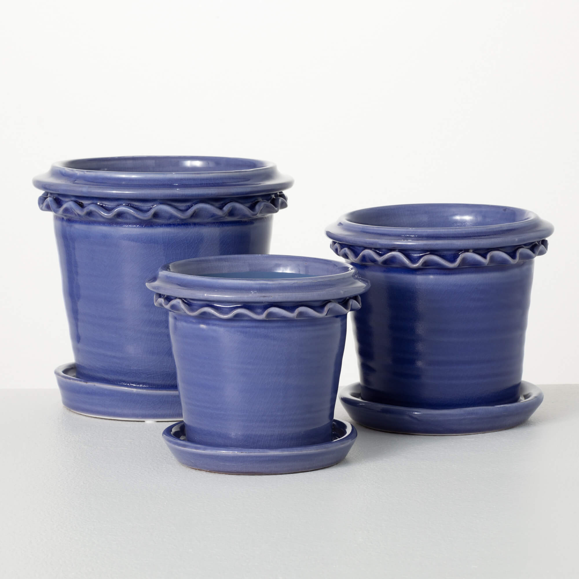 Rich Indigo Blue Wave Rim Ceramic 3pc Planter Pot Saucer Set Jen's Pot Shop