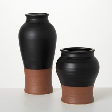 Two-Tone Onyx Rust Patina Detail 2pc Ceramic Urn