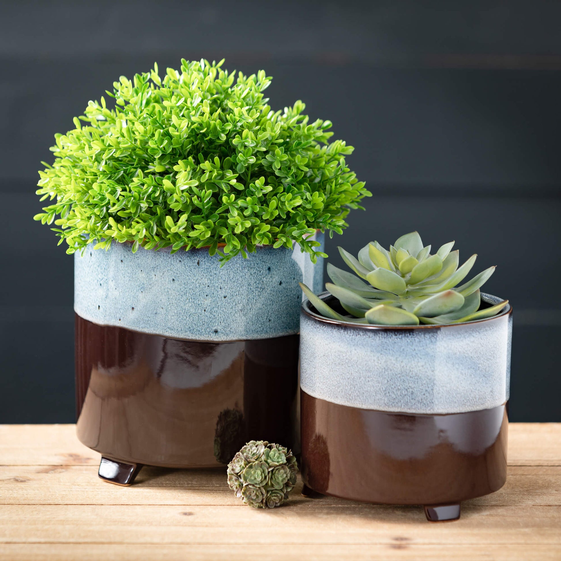 Reactive Glazed Seafoam Blue Brown 2pc Cylinder Planter Pot Set Jen's Pot Shop