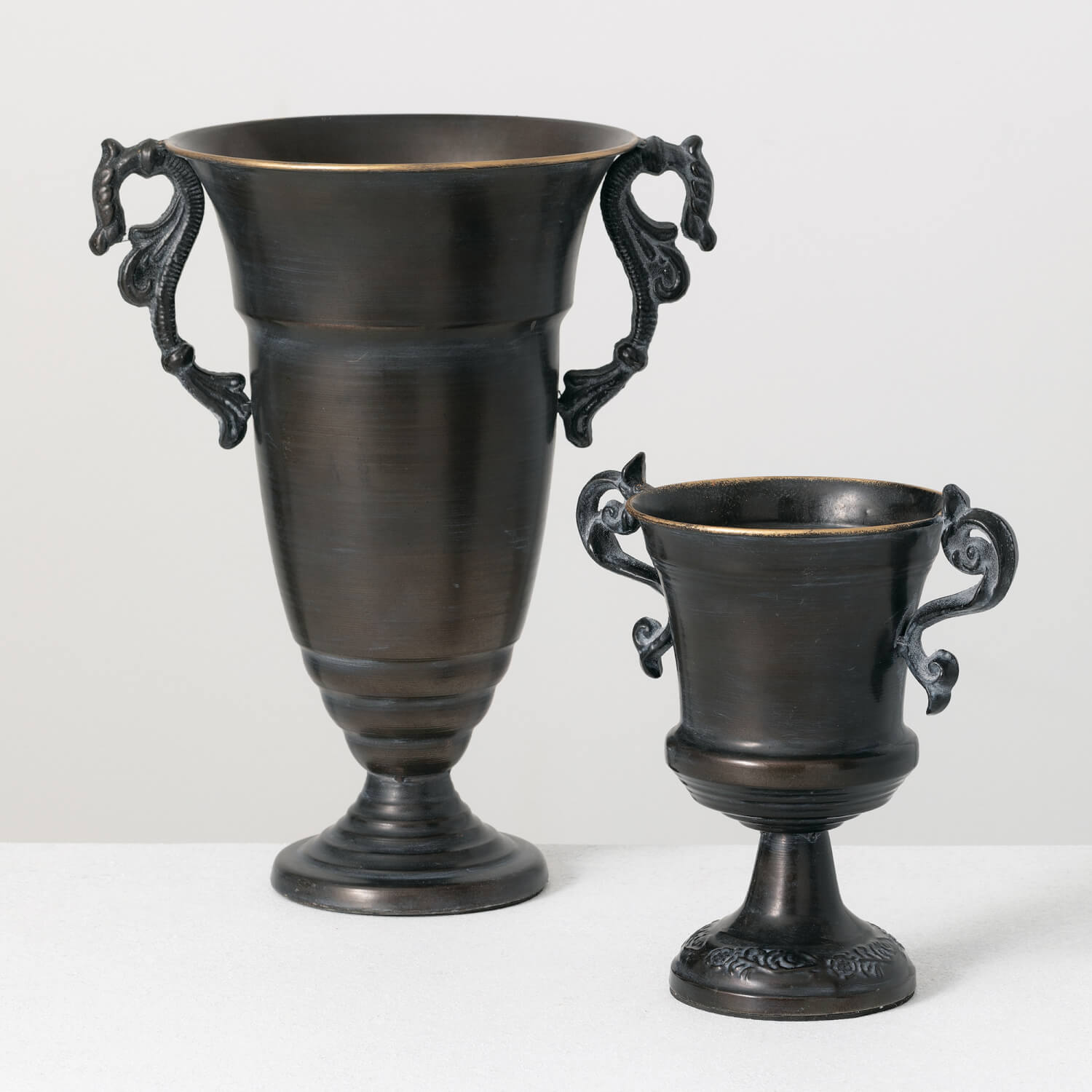 Brushed Black Metal 2pc Urn-Style Handled Planter Set Jen's Pot Shop