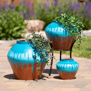 Turquoise Paint Drip Metal Planter Set with Stand