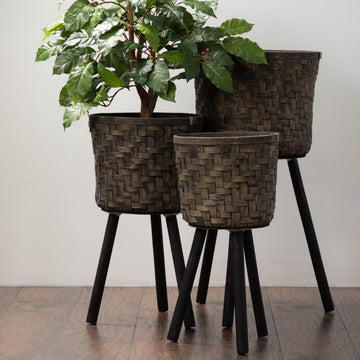 Dark Brown Bamboo Planter Pot Basket Set on Black Stand