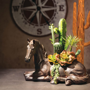 Farmhouse Rustic Bronze Resin Resting Horse Planter Pet